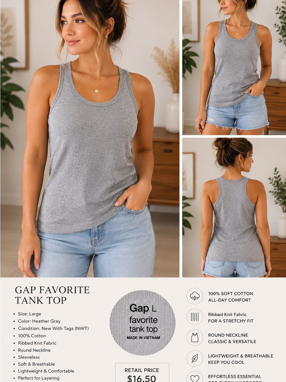 NWT Gap Favorite Ribbed Tank Top Gray Size Large | Soft Cotton Scoop Neck Basic